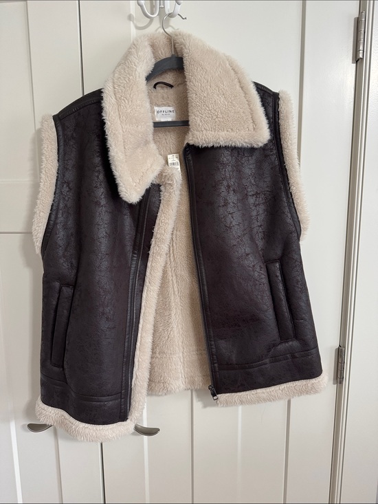 Offline Jackets & Blazers - Offline Faux Shearling Vest in Cream and Dark Brown Trim